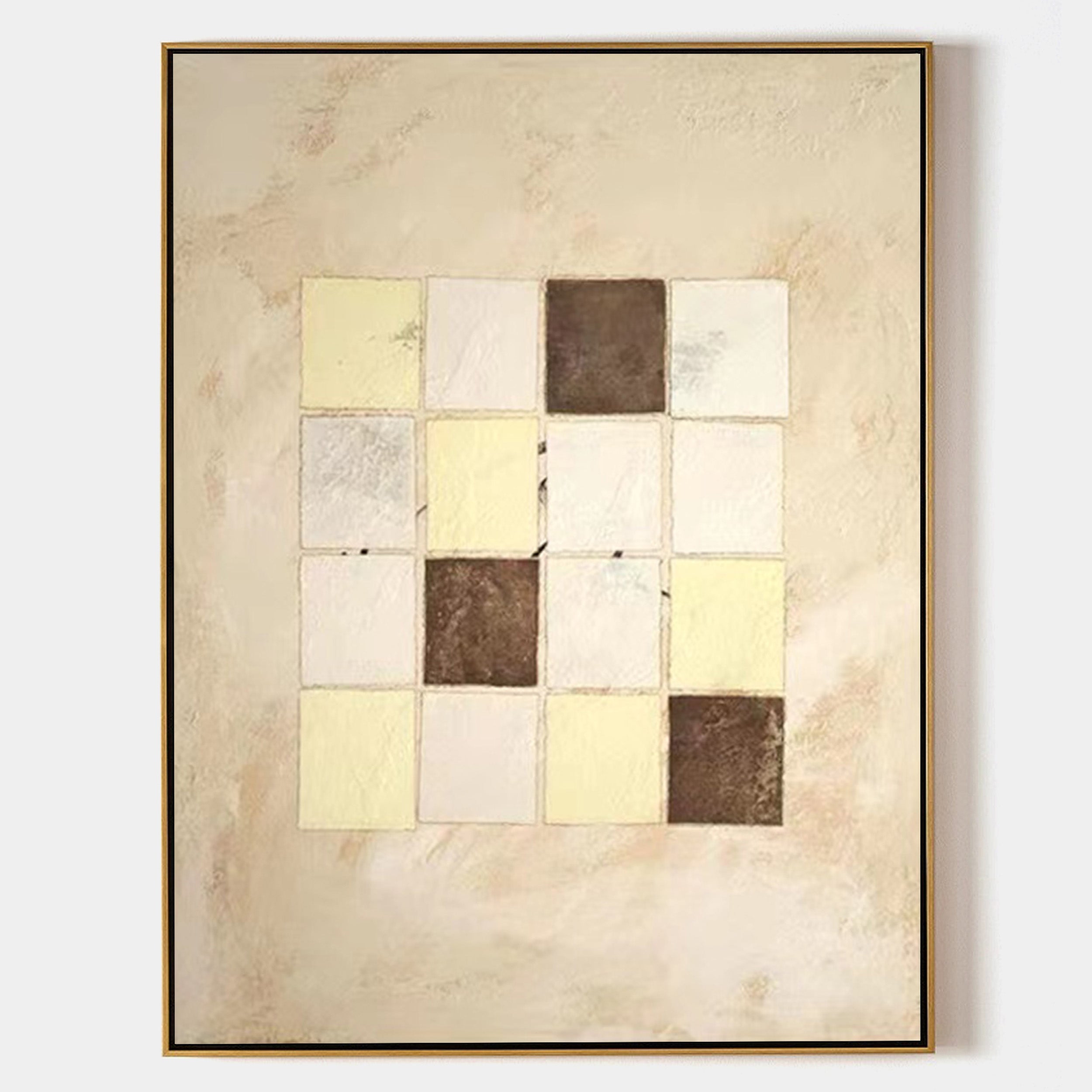 Wabi-sabi Beige Plaided Canvas Art Large Minimalist Wall Art Beige Acrylic Painting For Sale