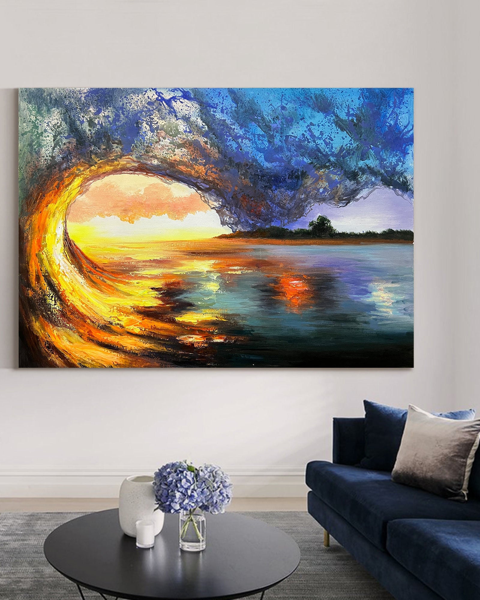 Sunset And Ocean Acrylic Painting Large Ocean Canvas Art Ocean Wave Art For Living Room Wall Art