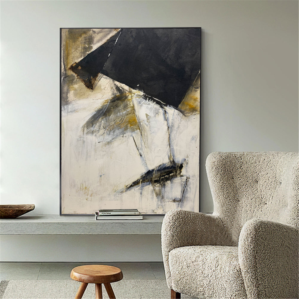 Large Vertical Modern Canvas Wall Art Original Black White Yellow Abstract Painting On Canvas Abstract Wall Art