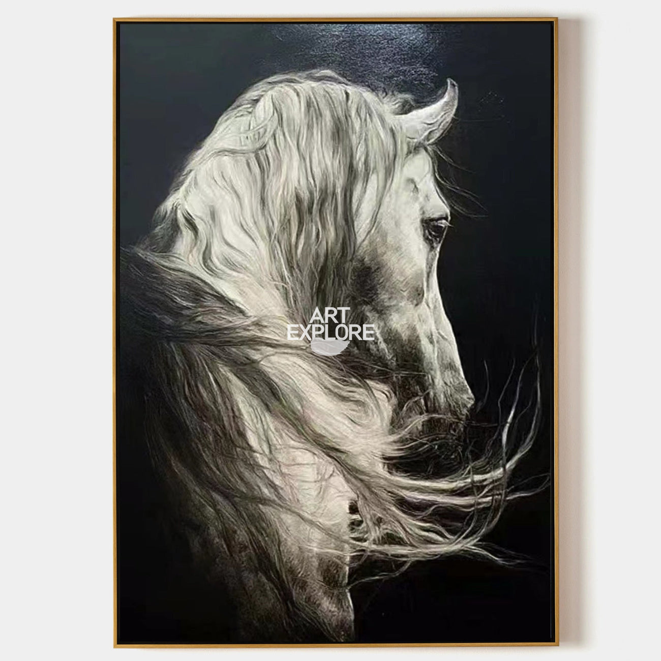 White Horse Oil Painting Extra Large Horse Wall Art Black and White Horse Painting For Sale