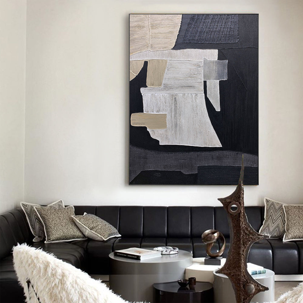 Large Black Beige Artwork Textured Abstract Wall Art Abstract Acrylic Painting Canvas Livingroom Artworks