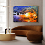 Big Sunset And Wave Landscape Acrylic Painting On Canvas Large Sunset Canvas Art Huge Ocean Wave Art For Living Room Decor