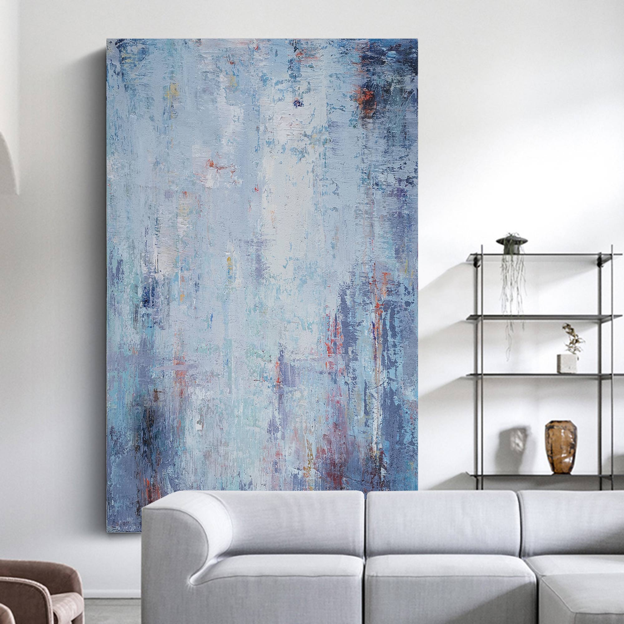 Large Light Blue Abstract Painting Original Oversized BLue And White Wall Art Canvas