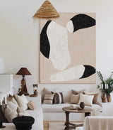 Modern Large Plaster Art On Canvas Beige Abstract Painting White And Black Minimalist Geometric Painting Black And White Cool Abstract Minimalist Painting