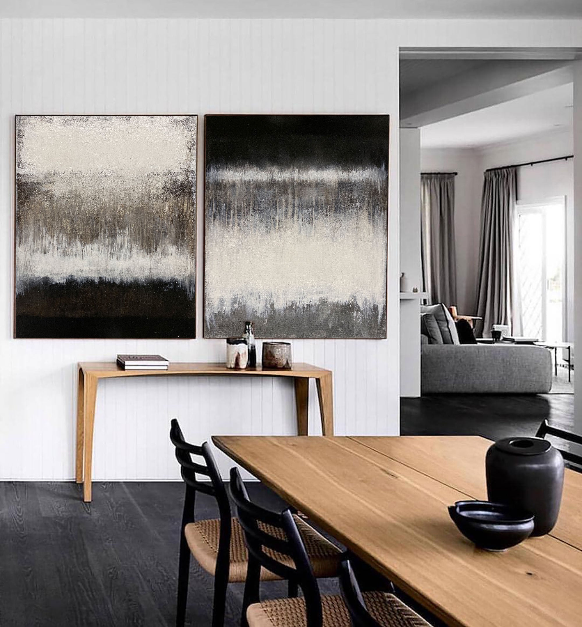 2 Piece Abstract Wall Art Black And White Textured Minimalist Art Rothko Inspired Wall Art For Sale