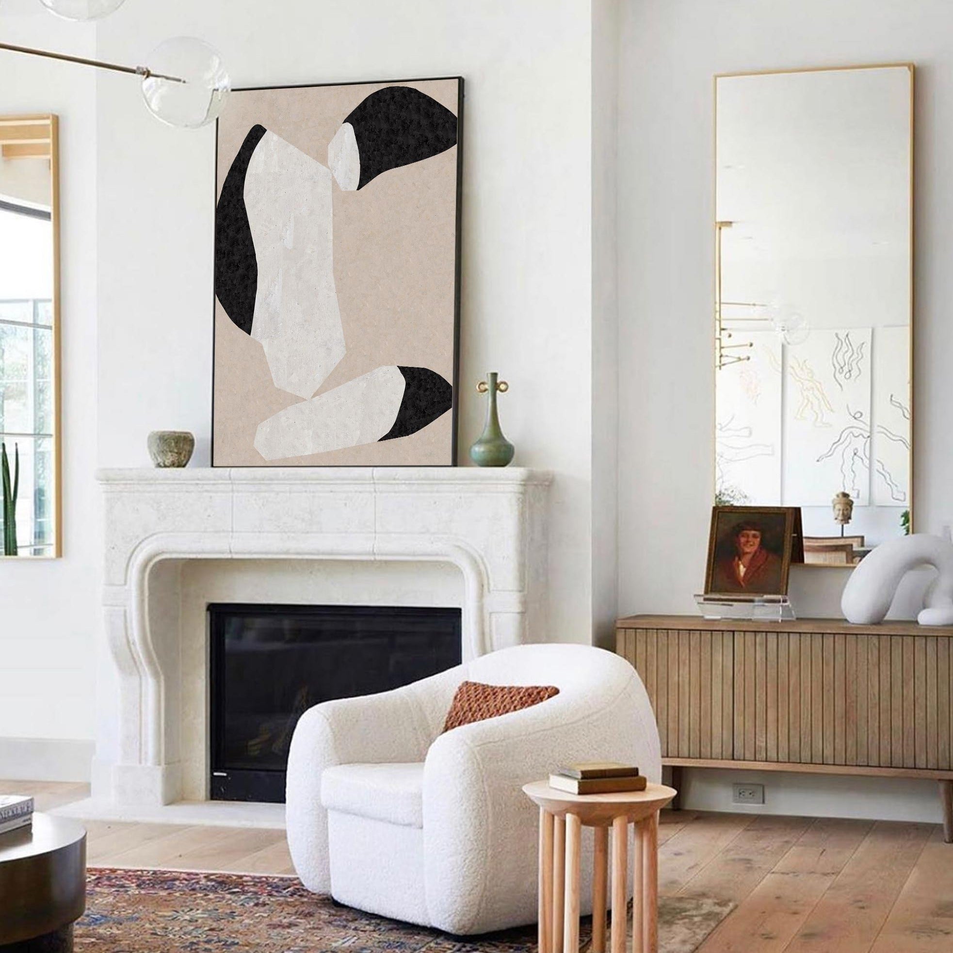 Modern Large Plaster Art On Canvas Beige Abstract Painting White And Black Minimalist Geometric Painting Black And White Cool Abstract Minimalist Painting