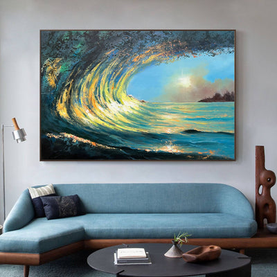 Sunrise And Wave Landscape Acrylic Painting Large Wave Canvas Art Huge Ocean Wave Art For Living Room Wall Art