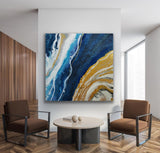 Gold And Blue Abstract Art Large Square Modern Canvas Art Abstract Acrylic Painting For Living Room