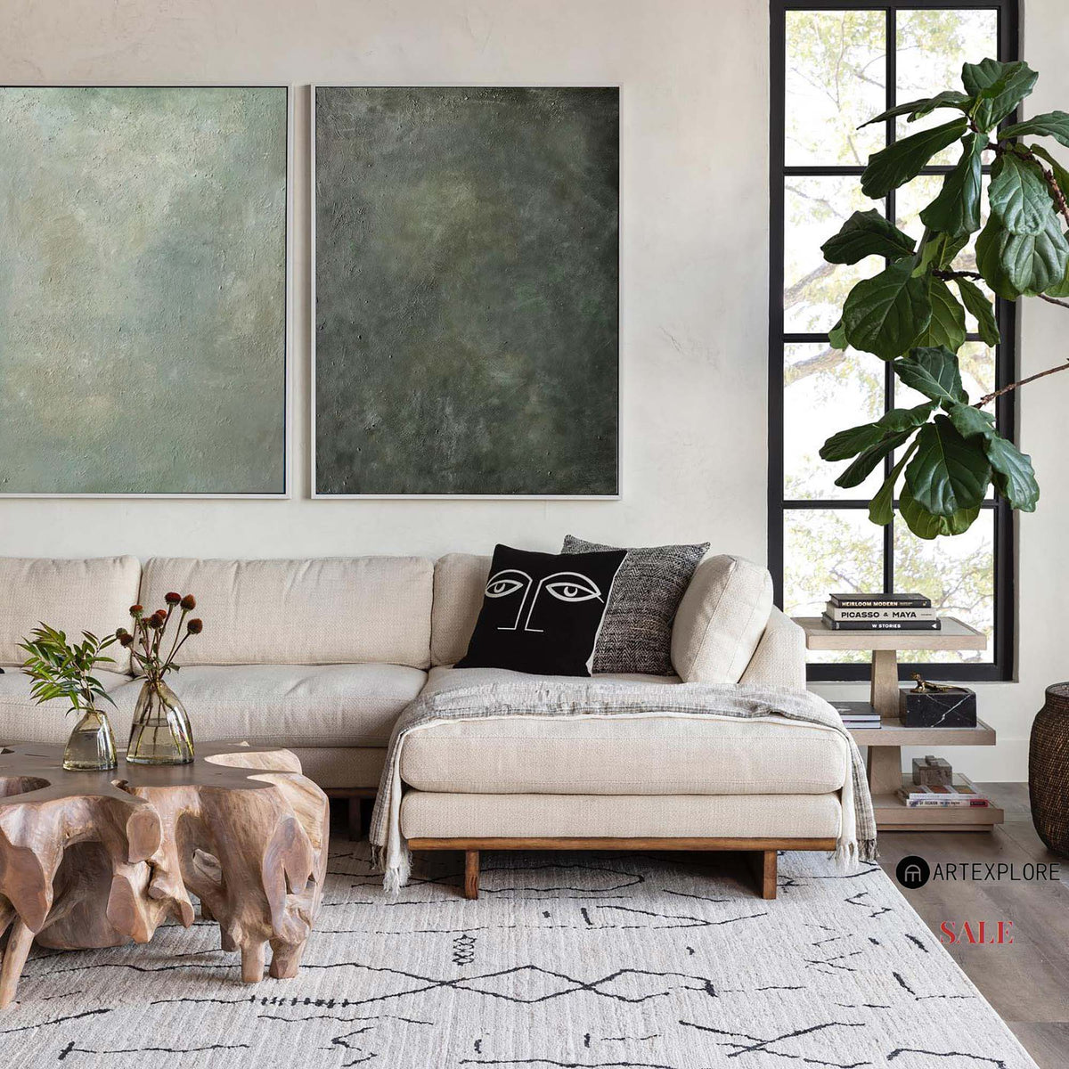 Set of 2 Modern Green Minimalist Canvas Art Pure Dark Green Painting 2 Pieces Canvas Wall Art