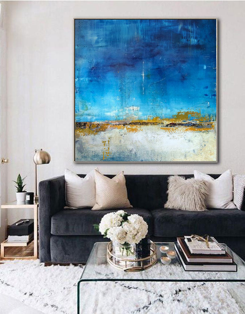 Large Blue Abstract Art Navy Blue And Yellow Wall Art For Bedroom