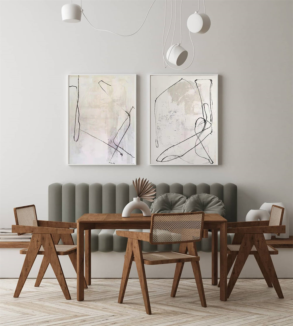 Modern Black Line Abstract Wall Art Set Of 2 Beige Minimalist Painting Beige And White Minimalist Wall Art For Sale