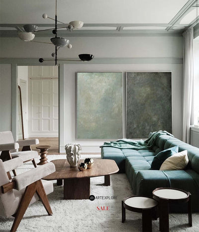 Set of 2 Modern Green Minimalist Canvas Art Pure Dark Green Painting 2 Pieces Canvas Wall Art