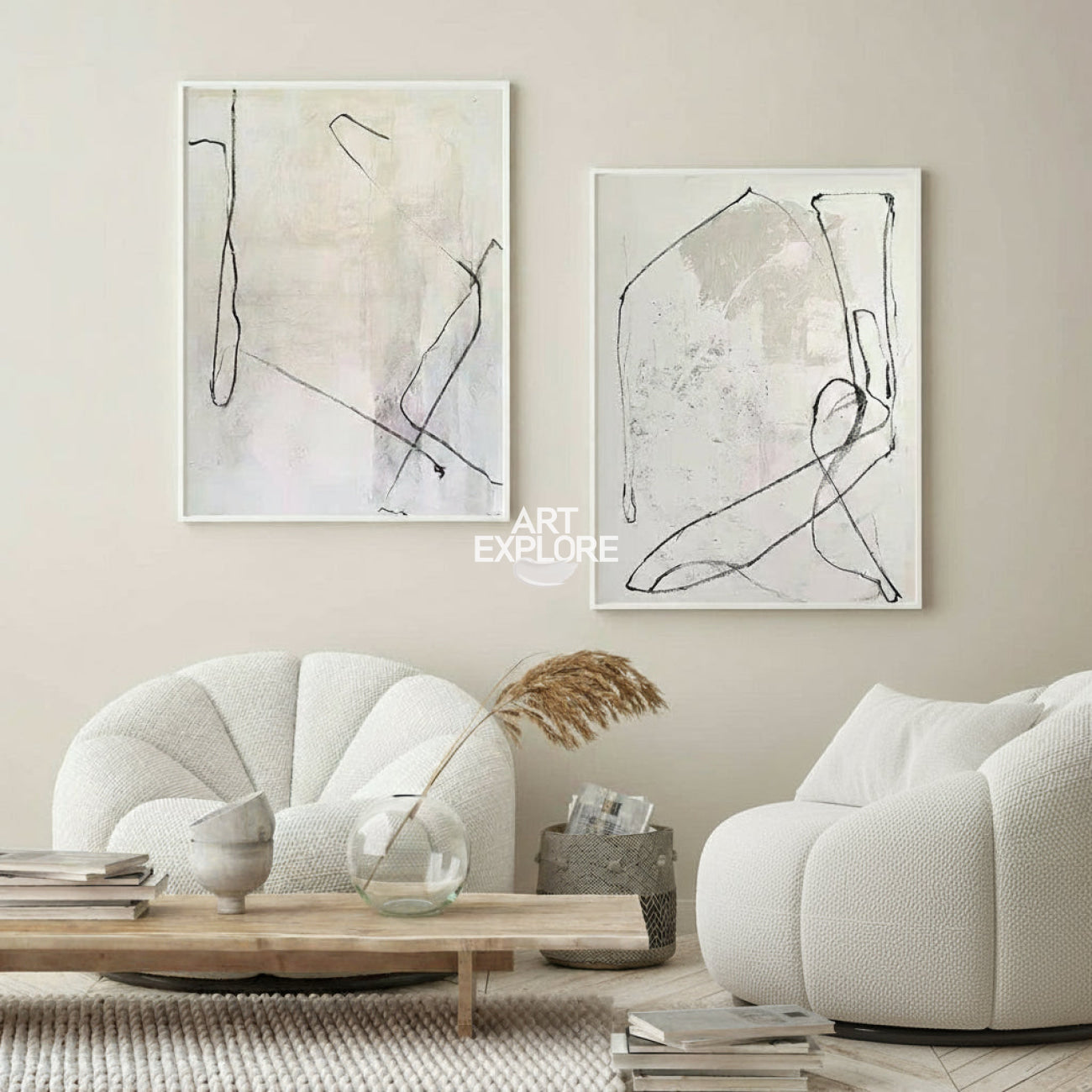 Modern Black Line Abstract Wall Art Set Of 2 Beige Minimalist Painting Beige And White Minimalist Wall Art For Sale