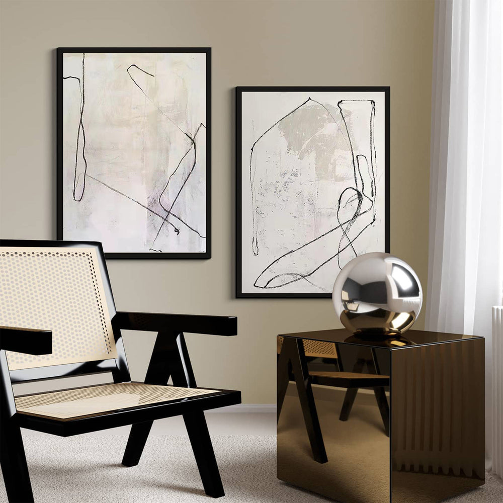 Modern Black Line Abstract Wall Art Set Of 2 Beige Minimalist Painting Beige And White Minimalist Wall Art For Sale
