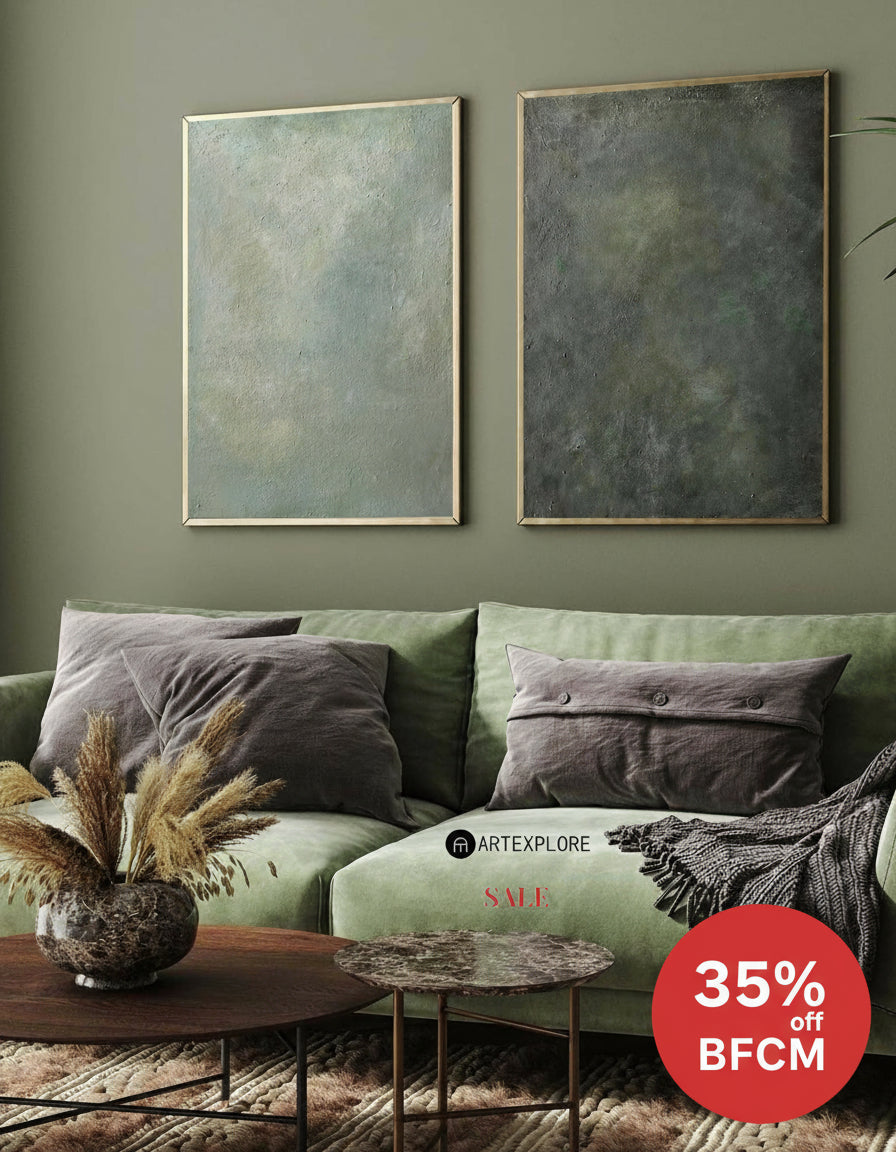 Set of 2 Modern Green Minimalist Canvas Art Pure Dark Green Painting 2 Pieces Canvas Wall Art