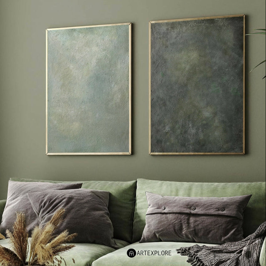 Set of 2 Modern Green Minimalist Canvas Art Pure Dark Green Painting 2 Pieces Canvas Wall Art
