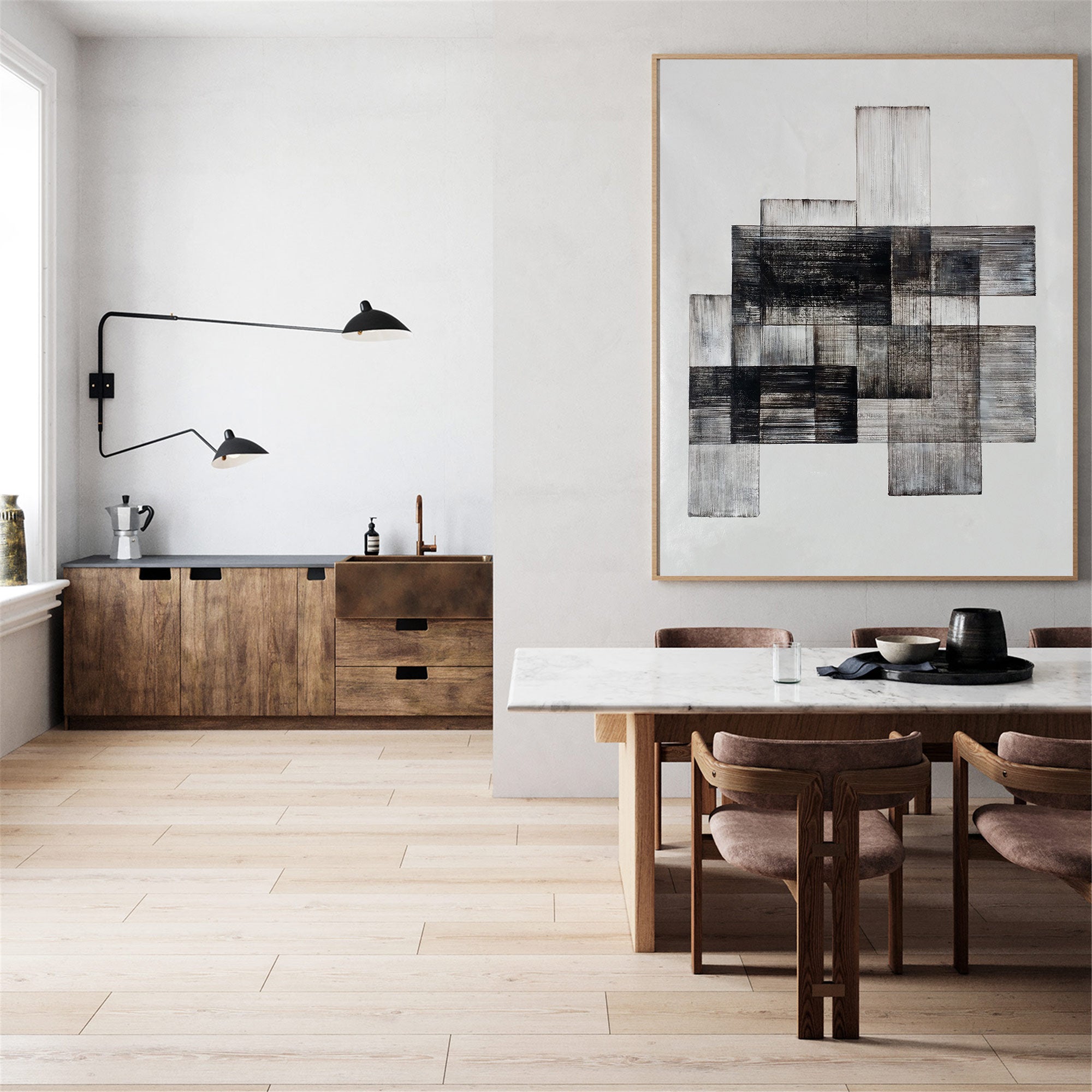 Acrylic Geometric Painting Modern Abstract Minimalist Art Black White