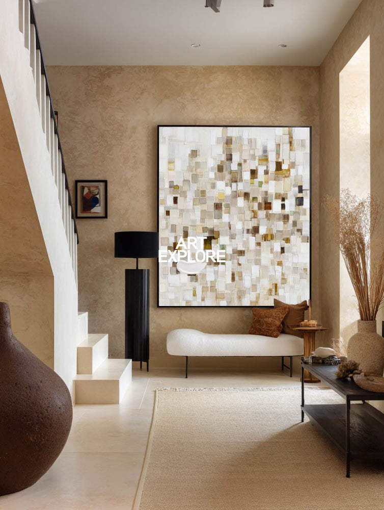 Modern Abstract Beige Painting With Mosaic Texture For Living Room Decor