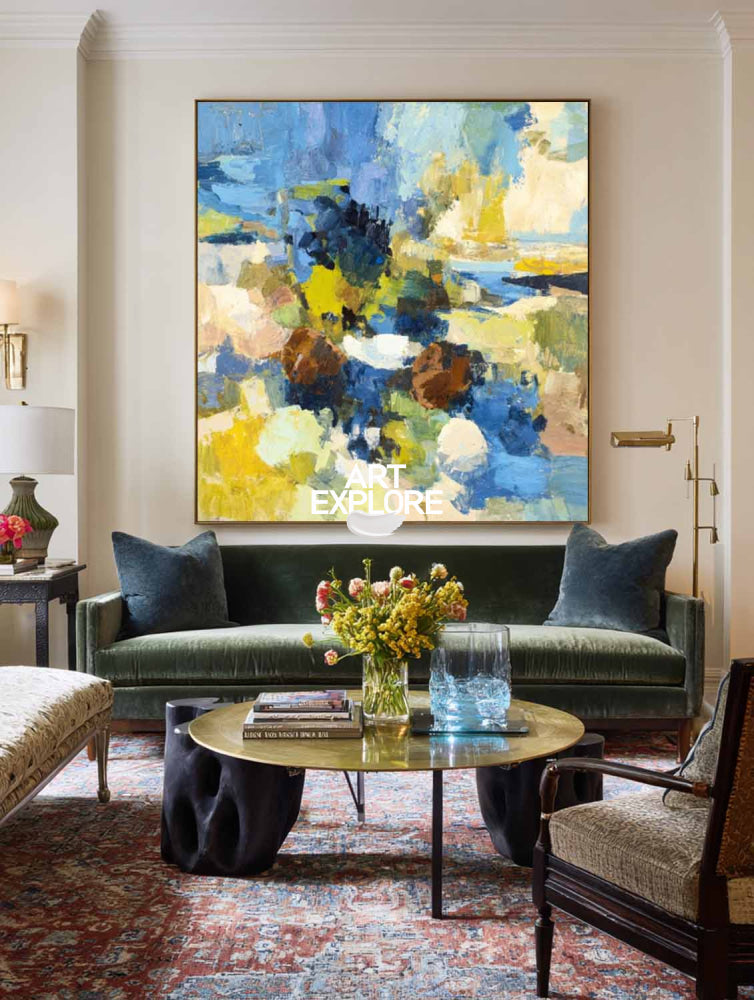 Vibrant Blue And Yellow Abstract Oil Painting On Linen Canvas For Modern Living Room Decor