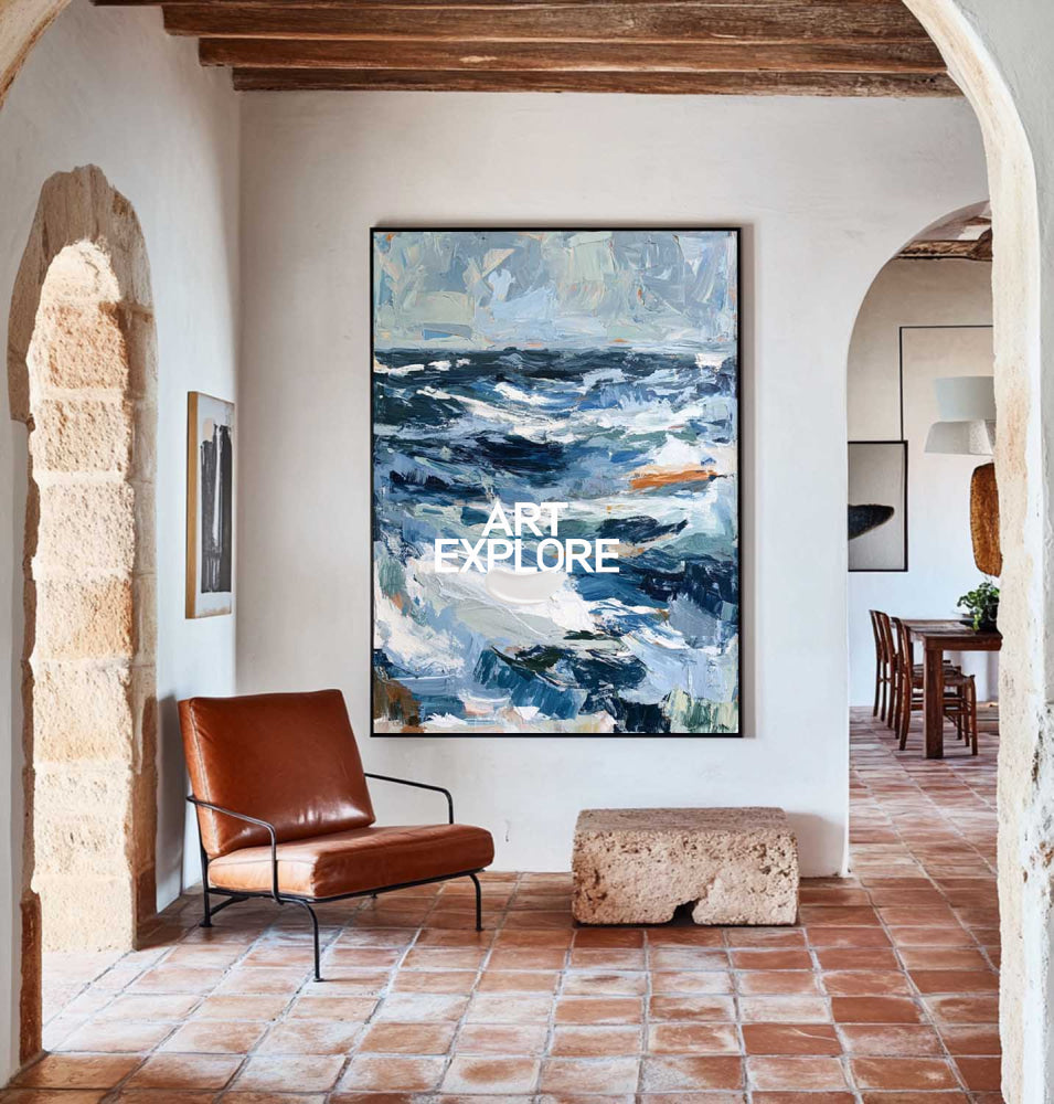 Original Abstract Seascape Painting Blue Wave Art For Living Room Decor
