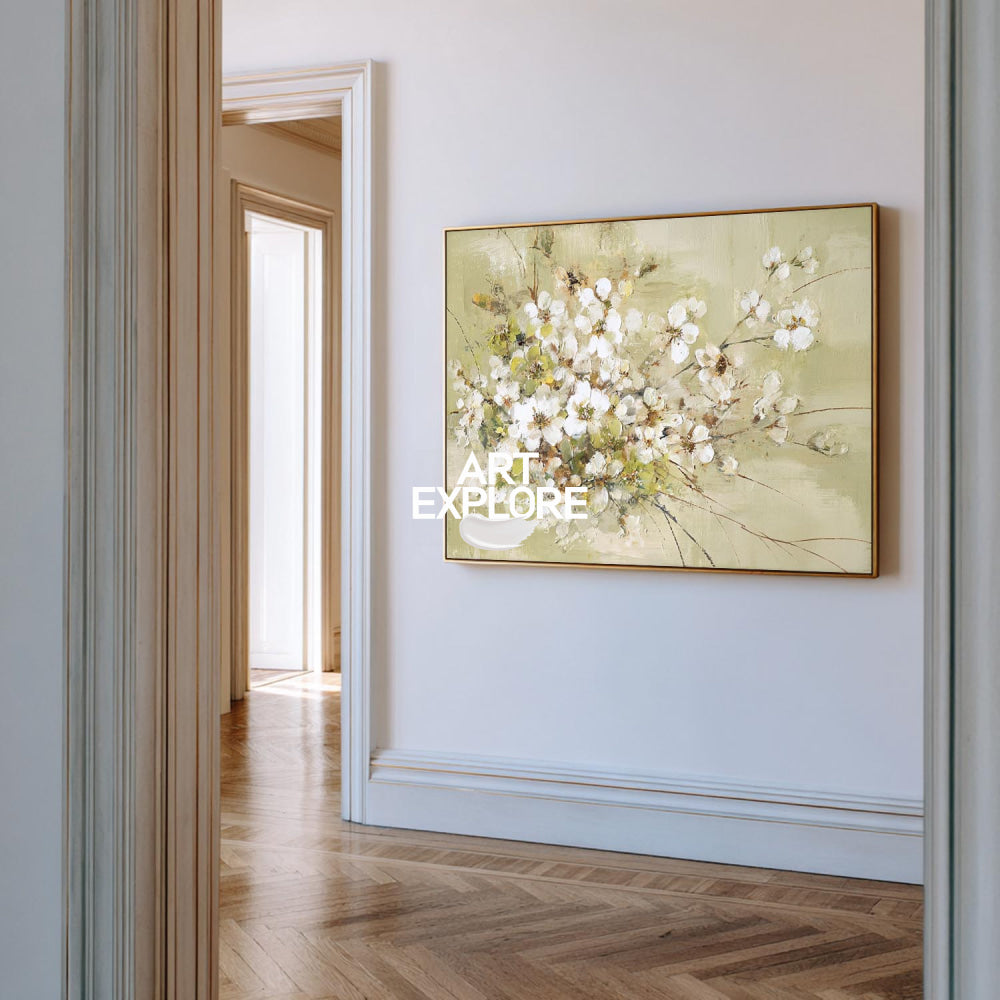 Modern Abstract Floral Painting White Blossoms On Sage Green Canvas For Living Room Decor