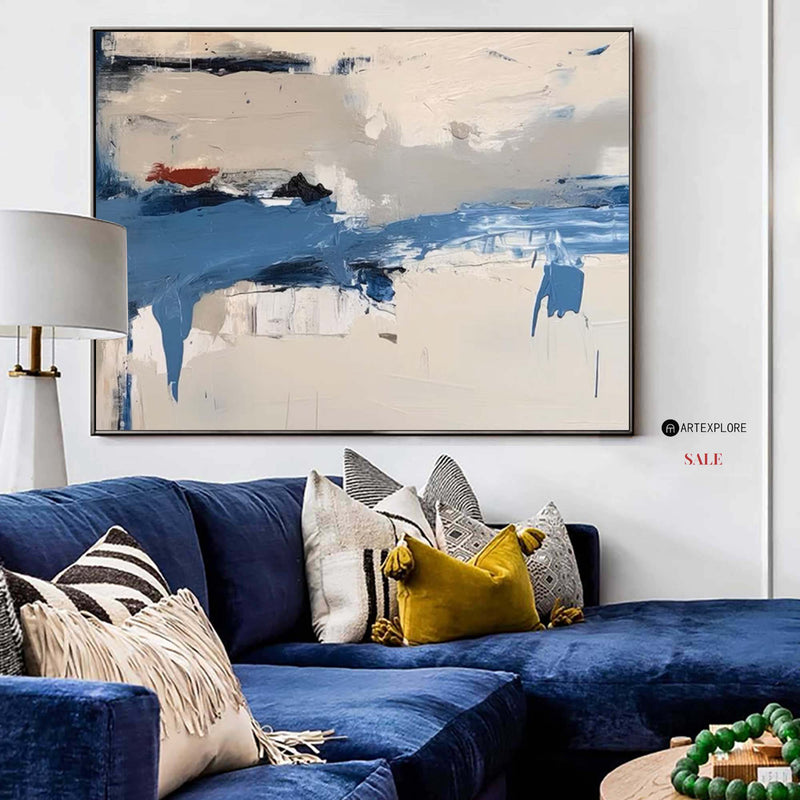 Large Blue Plaster Abstract Painting Minimalist Rich Textured Painting Horizontal Framed Painting