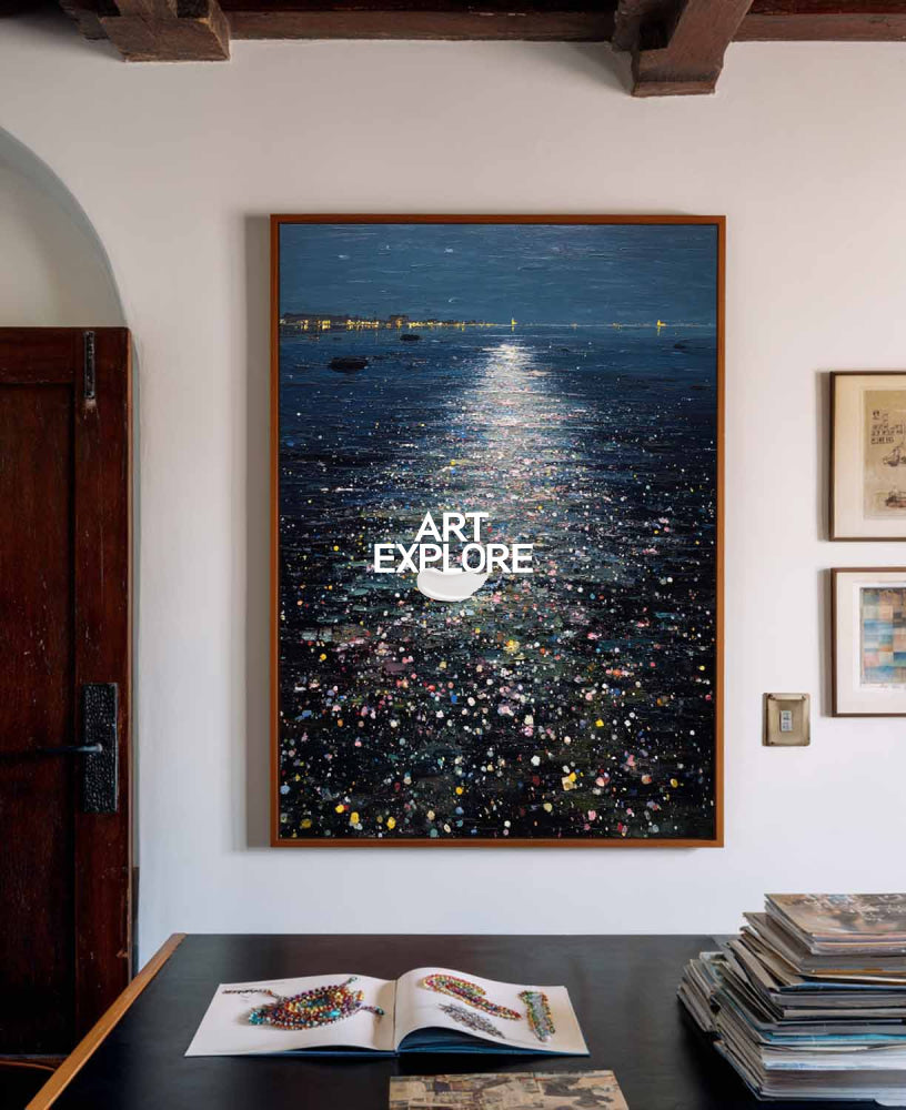 Abstract Moonlit Ocean Painting With Textured Blue Waves For Modern Home Decor