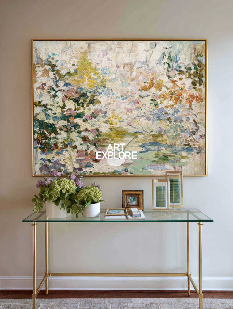 Abstract Botanical Garden Painting With Textured Impasto For Modern Home Decor