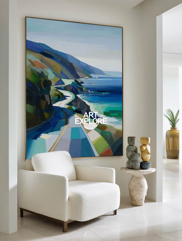 Abstract Coastal Highway Painting Original Oil Art For Modern Home Decor