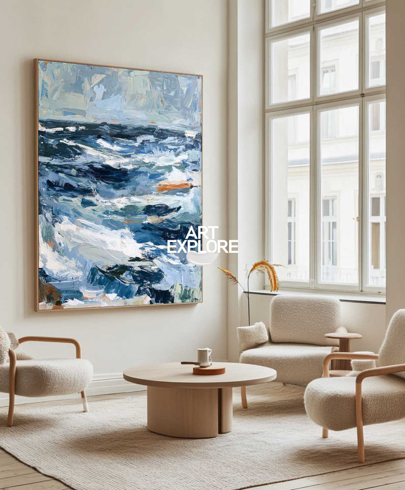 Original Abstract Seascape Painting Blue Wave Art For Living Room Decor