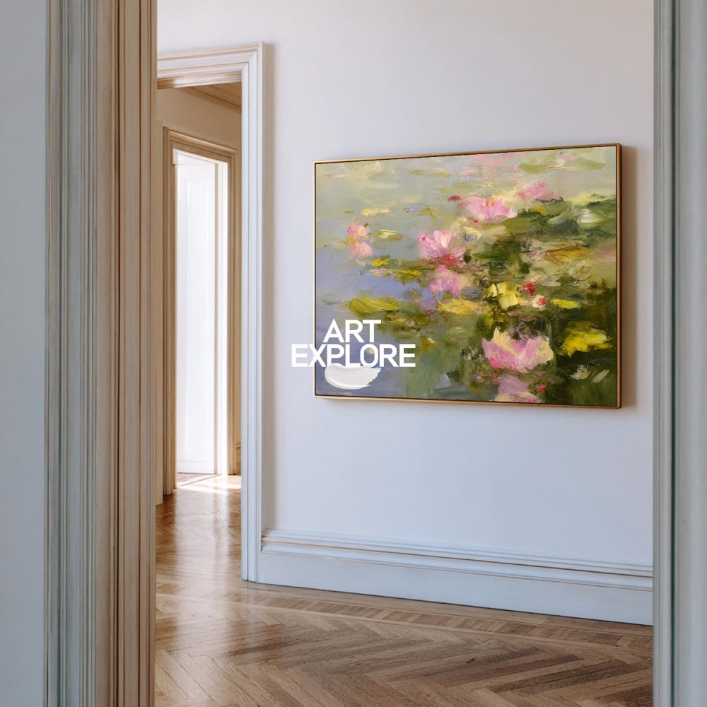 Modern Abstract Lotus Painting With Textured Brushwork For Elegant Home Decor