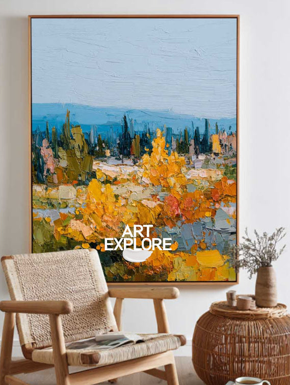 Golden Autumn Forest Landscape Oil Painting With Rich Texture For Living Room Decor