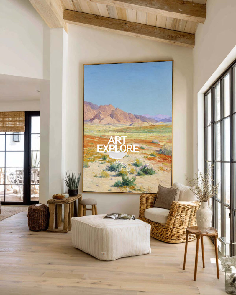 Modern Abstract Desert Mountain Landscape Painting With Wildflowers For Living Room