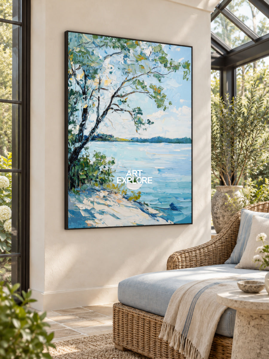Modern Blue Lake View Painting Palette Knife Painting Large Landscape Blue Textured Lake Wall Art