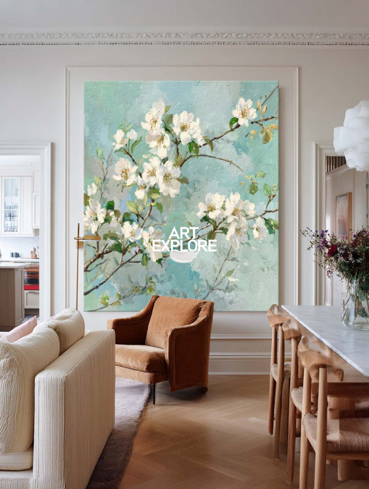 Modern White Blossom Art With Textured Green Leaves For Living Room