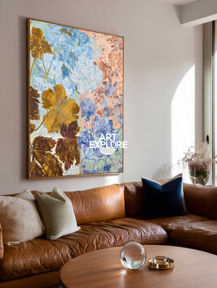 Modern Abstract Floral Painting With Gold Leaves For Living Room Decor