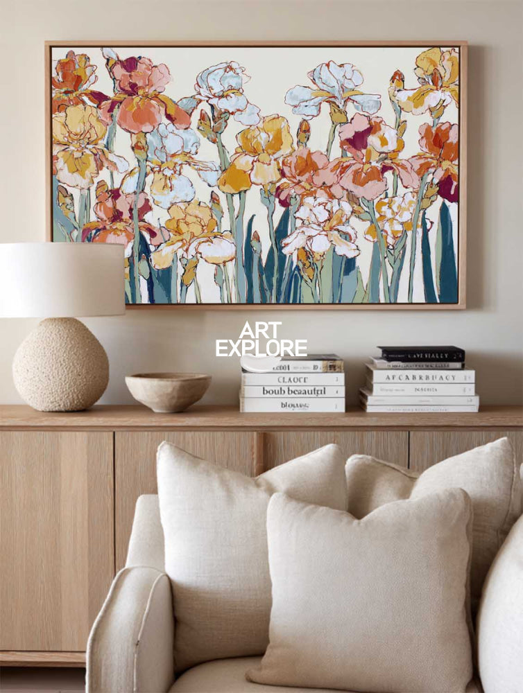 Modern Abstract Floral Art Painting With Teal Stems For Living Room Decor