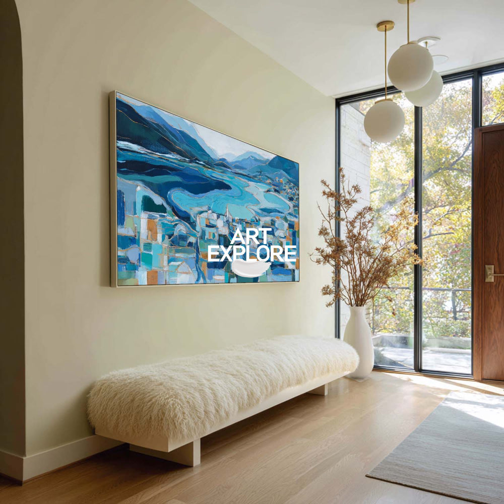 Abstract Coastal Seascape Painting With Gold Accents For Modern Living Room Decor