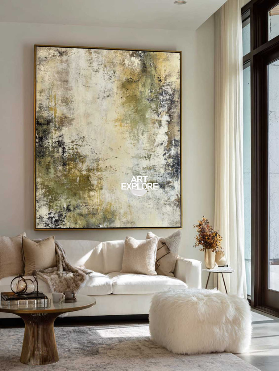 Neutral Abstract Masterpiece In Olive And Cream For Quiet Luxury Interior Styling