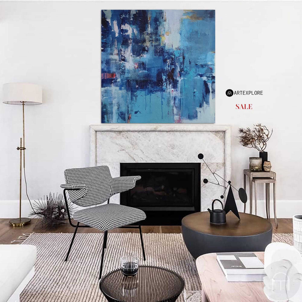 Large Blue Square Abstract Art Modern Blue Painting Abstract Framed Canvas Painting 