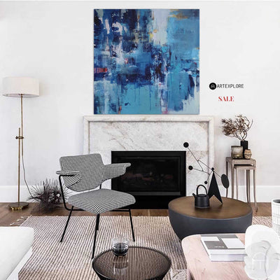Large Blue Square Abstract Art Modern Blue Painting Abstract Framed Canvas Painting 