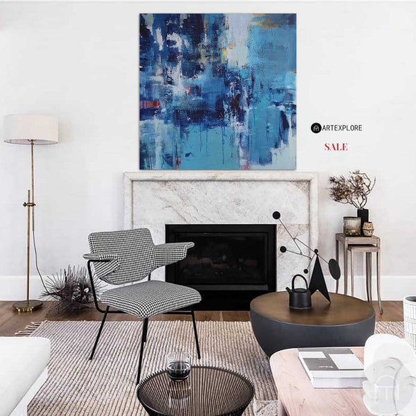 Large Blue Square Abstract Art Modern Blue Painting Abstract Framed Canvas Painting 