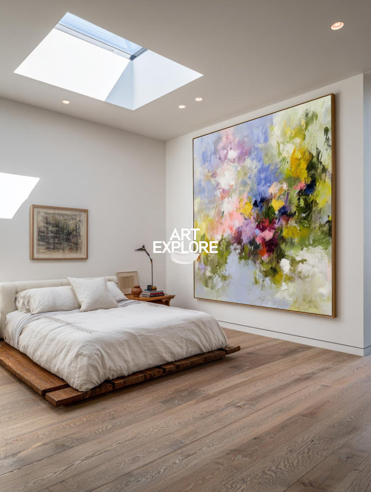 Square Abstract Meadow Painting In Pink Purple Green Yellow Blue For Bedroom Wall Art