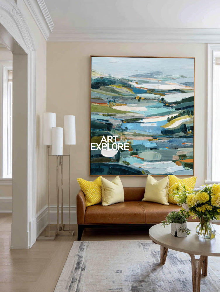 Original Textured Nature Art With Impasto Technique Blue Green Hills On Premium Linen Canvas