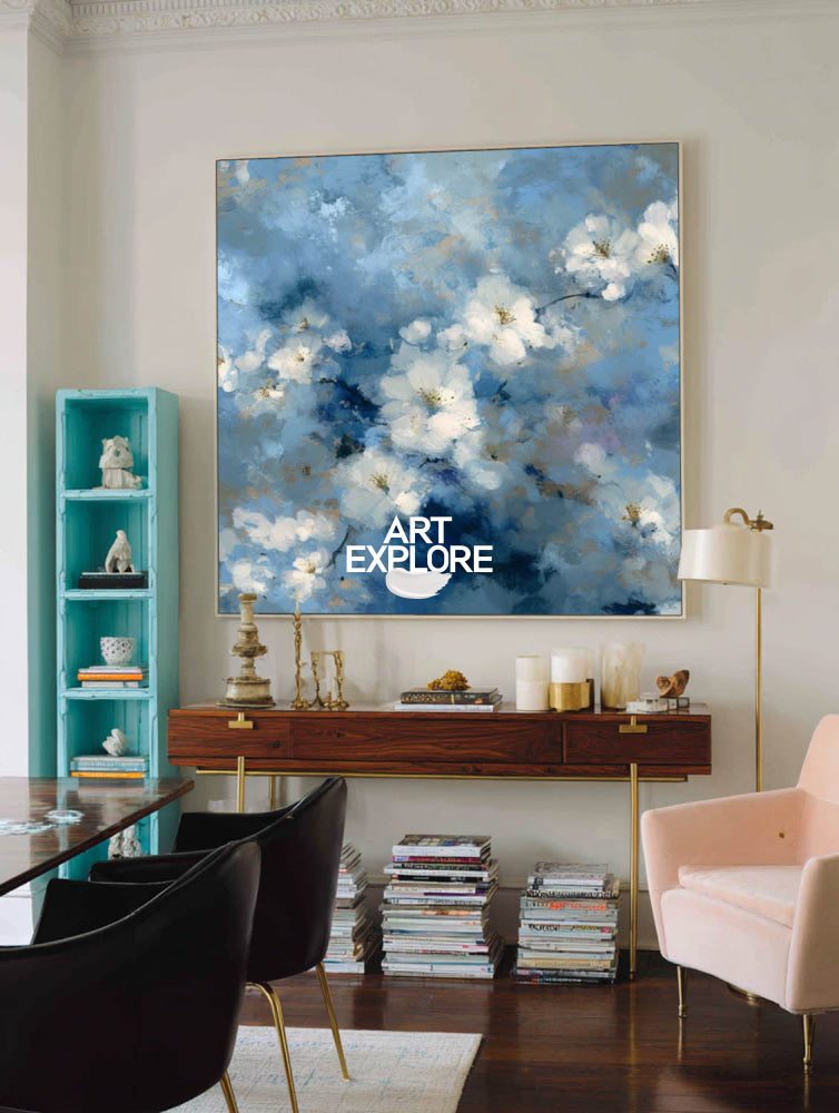 Modern Blue And White Floral Oil Painting On Canvas For Living Room Decor