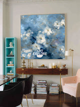Modern Blue And White Floral Oil Painting On Canvas For Living Room Decor