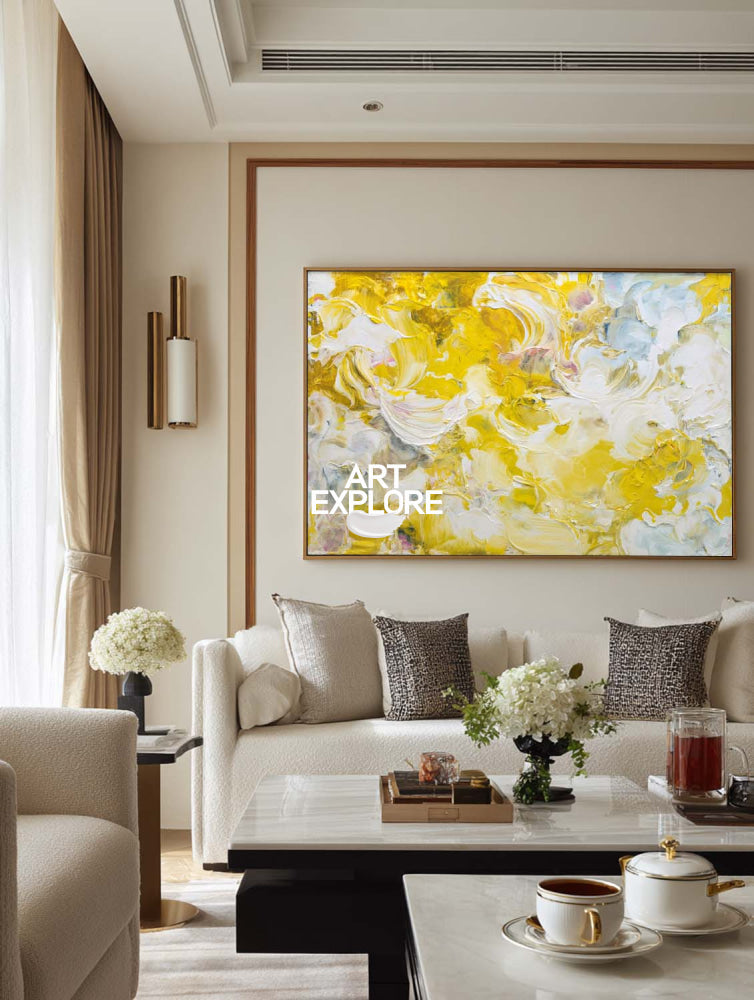 Large Horizontal Canvas Art In Yellow And White For Office And Bedroom Walls