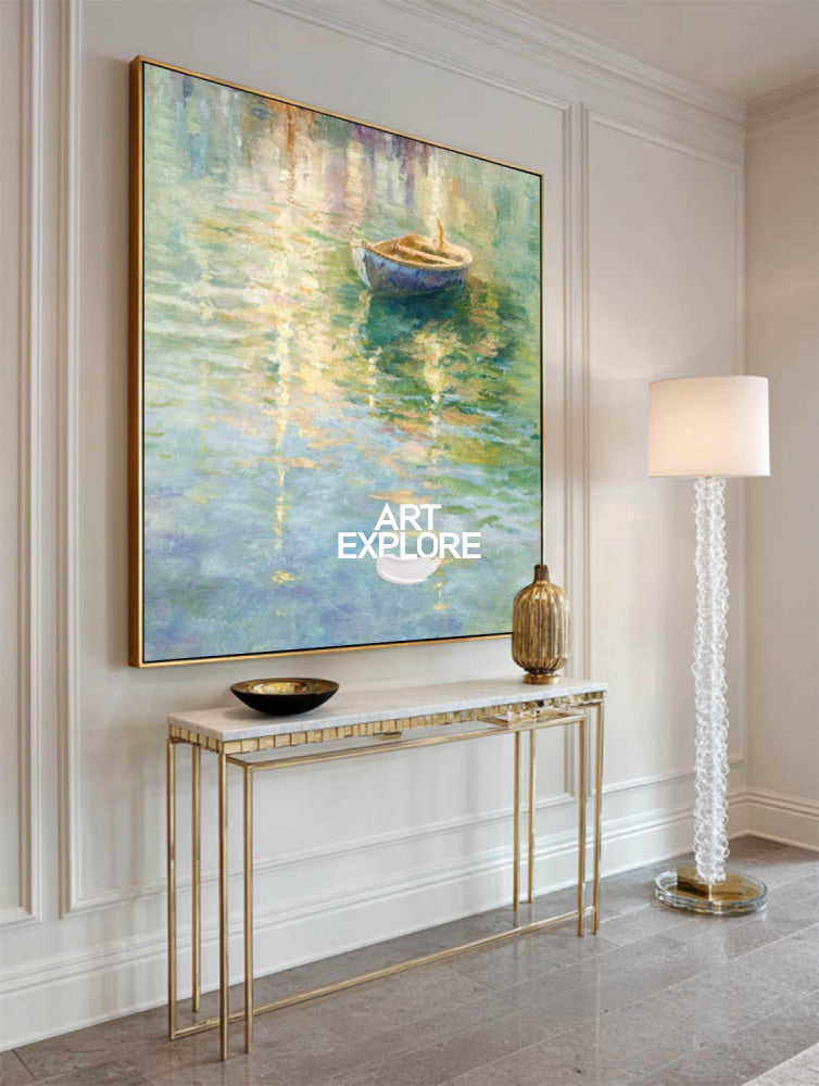Original Impressionist Lakeside Painting With Rowboat For Elegant Living Room Wall Art