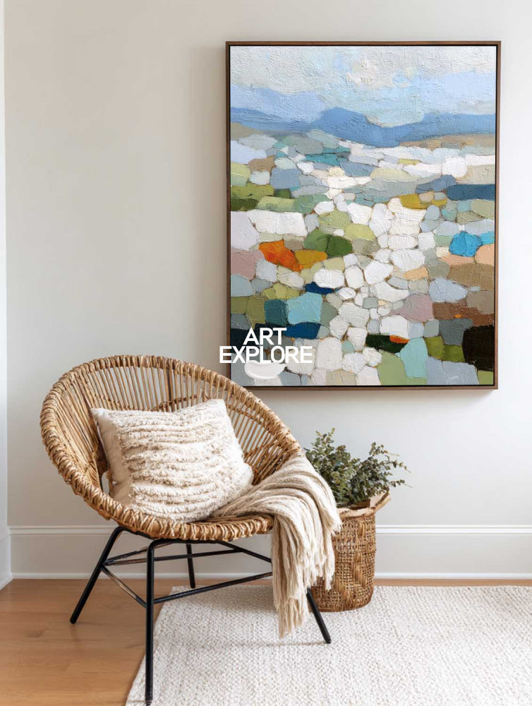 Mosaic Landscape Oil Painting With Textured Brushwork For Modern Living Room Decor