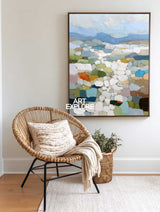 Mosaic Landscape Oil Painting With Textured Brushwork For Modern Living Room Decor